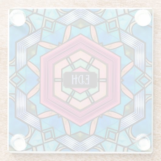 Geometrische Art Deco mit eigenen Initialen in Bla Glasuntersetzer (Rückseite)