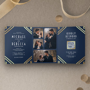 Geometrische Art Deco Navy Blau Gold QR Code Hochz Dreifach Gefaltete Einladung