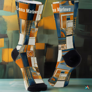 Geometrische Art Deco Patchworkarbeit in Blau und  Socken