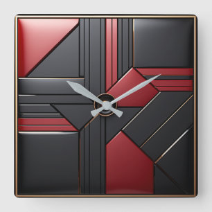 Geometrische Art Deco Rot Schwarz Elegant Quadratische Wanduhr