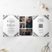 Geometrische Art Deco Schwarz-Weiß QR Code Hochzei Dreifach Gefaltete Einladung (Innenseite)