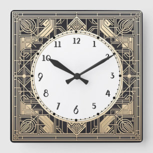 Geometrische Art Deco Uhr Schwarz creme goldene Li