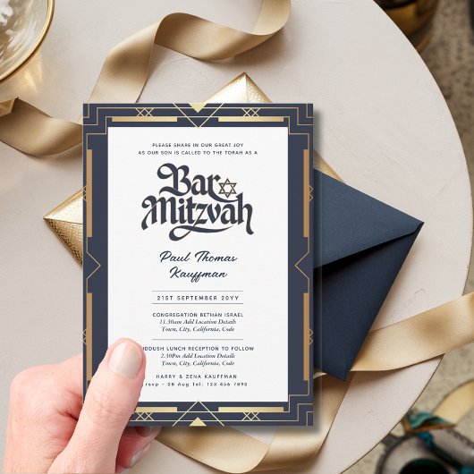 Geometrische BAR MITZVAH-Qualitäts-Navy-Gold-Moder Einladung