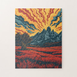 Geometrische Berggipfel und rotes Feld Grafik Kuns Puzzle