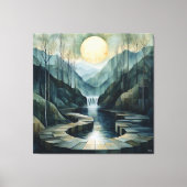 Geometrische Berglandschaft mit Wasserfall & Mond Leinwanddruck (Vorderseite)