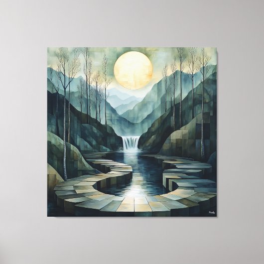 Geometrische Berglandschaft mit Wasserfall & Mond Leinwanddruck (Vorderseite)