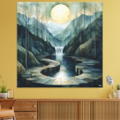 Geometrische Berglandschaft mit Wasserfall & Mond Leinwanddruck (Insitu (Wohnzimmer))