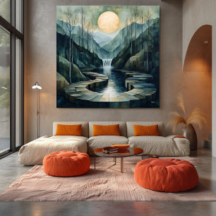 Geometrische Berglandschaft mit Wasserfall und Mon Leinwanddruck