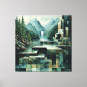 Geometrische Bergwelt mit Wasserfall und See Leinwanddruck (Vorderseite)