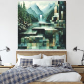 Geometrische Bergwelt mit Wasserfall und See Leinwanddruck (Insitu (Schlafzimmer))