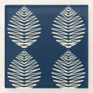 Geometrische Blätter Navy & Beige Glasuntersetzer