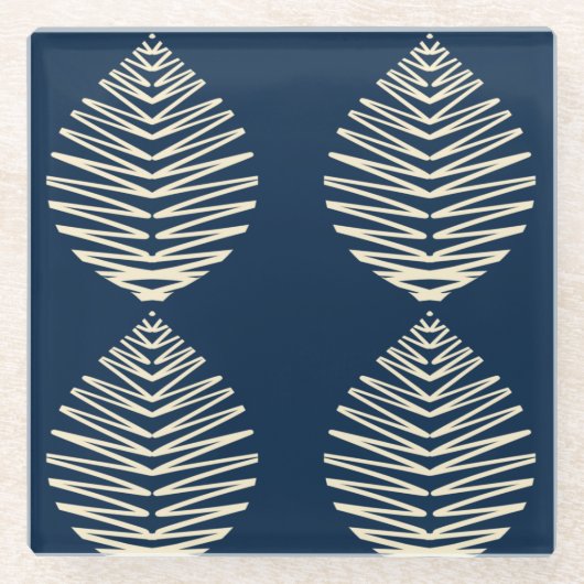 Geometrische Blätter | Navy & Beige Glasuntersetzer (Vorderseite)