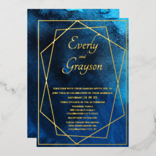 Geometrische blaue und goldene Hochzeit Folien Folieneinladung