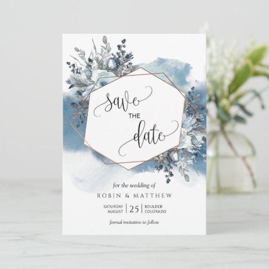 geometrische blaue Wasserfarbe und blaue Foliage Save The Date (Stehend Vorderseite)