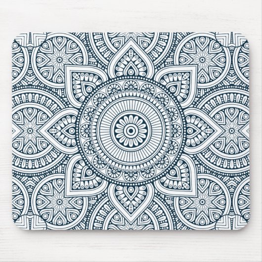 Geometrische blaue weiße BlumenMandala Mousepad (Vorne)