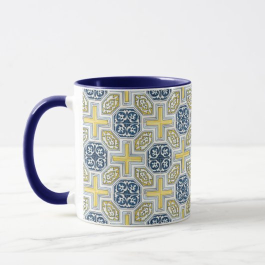Geometrische blaugelbe Imitate Tile Coffee Tasse (Links)