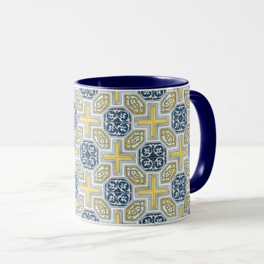 Geometrische blaugelbe Imitate Tile Coffee Tasse (VorderseiteRechts)