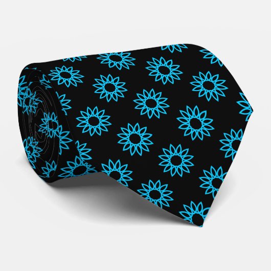 Geometrische Blume 01 - Sky Blue on Black Krawatte (Gerollt)