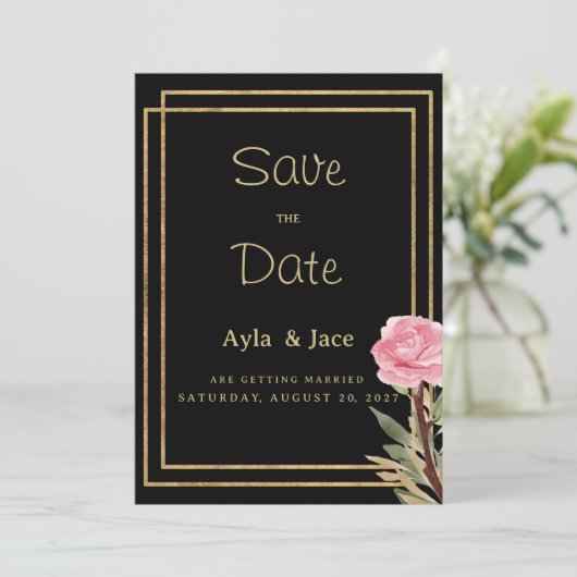 Geometrische Blume aus schwarzem Gold Save the Dat Einladung (Stehend Vorderseite)