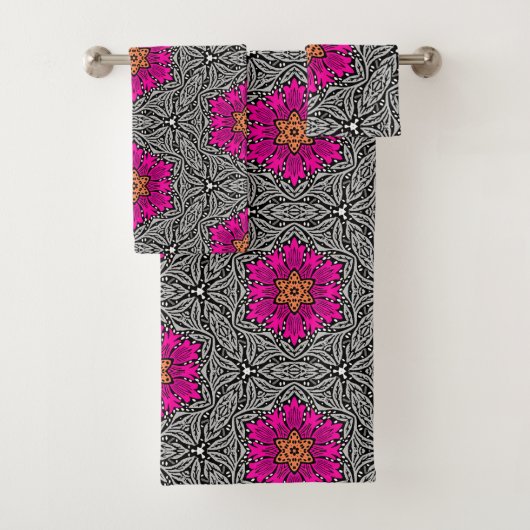 Geometrische Blume - Fuchsienrosa und Grau Badhandtuch Set (Insitu)