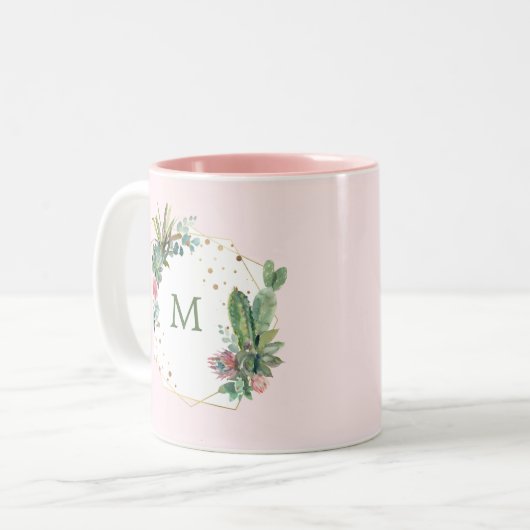 Geometrische Blush-Kaktus mit Monogramm Zweifarbige Tasse (Vorderseite Links)