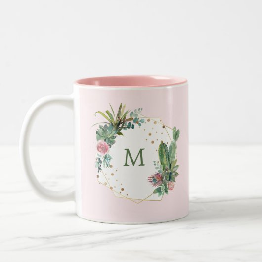Geometrische Blush-Kaktus mit Monogramm Zweifarbige Tasse (Links)