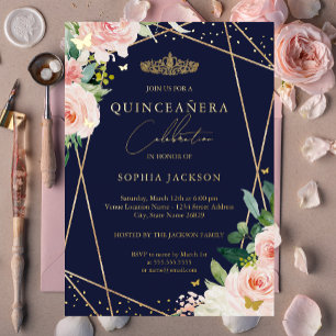 Geometrische Blush Navy Gold Floral Quinceanera Folieneinladung