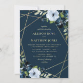 geometrische Blütengolde & blaue Hochzeit Einladung (Vorderseite)