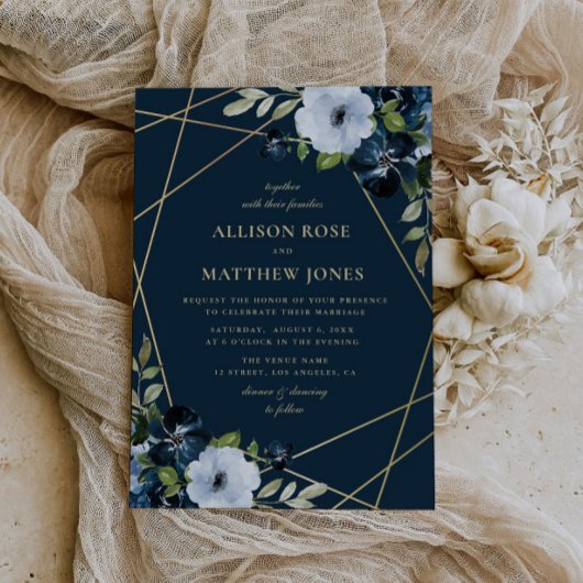 geometrische Blütengolde & blaue Hochzeit Einladung