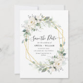 geometrische Blütenhochzeit in Weiß und Gold Save The Date (Vorderseite)