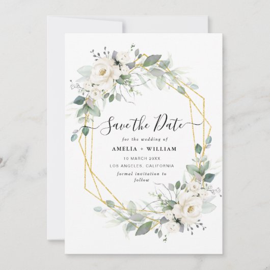 geometrische Blütenhochzeit in Weiß und Gold Save The Date (Vorderseite)