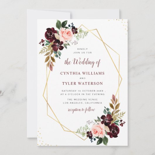 geometrische Bordeaux- und Blütenhochzeit Einladung (Vorderseite)