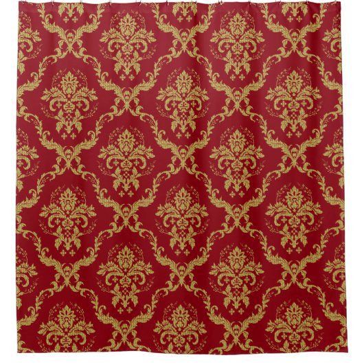 Geometrische Burgundy- und Goldfloral-Damasken Duschvorhang (Vorderseite)