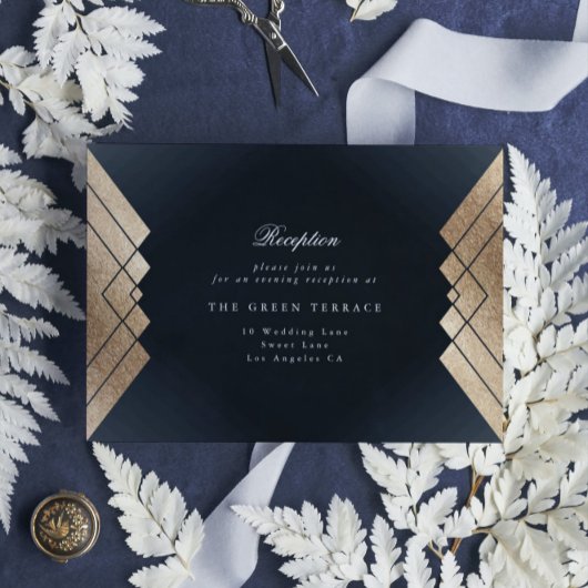 Geometrische dunkle Navy Gold Gatsby Hochzeitsempf Begleitkarte