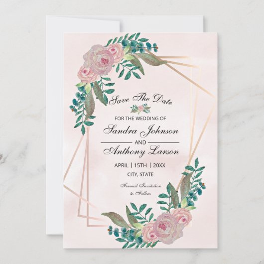 Geometrische elegante Wasserfarbenblush-Rose Save The Date (Vorderseite)