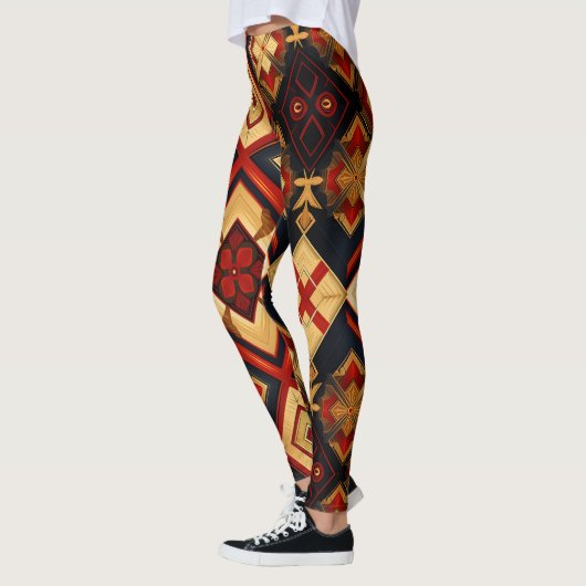 Geometrische Eleganz Nahtloses Muster Red Gold Bla Leggings (Links)