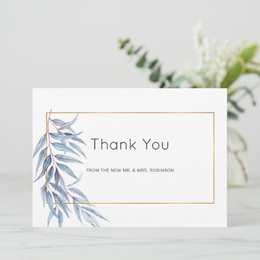 Geometrische Eukalyptus-Blätter Hochzeiten Dankeskarte (Stehend Vorderseite)