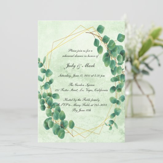 Geometrische Eukalyptus-Blätter Probe Abendessen Einladung (Stehend Vorderseite)