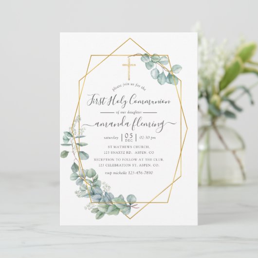 Geometrische Eukalyptus Erste Heilige Kommune Einladung (Stehend Vorderseite)
