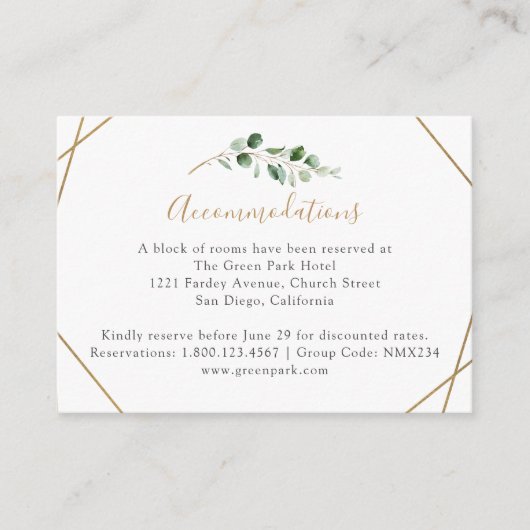 Geometrische Eukalyptus-Grünanlage Unterkunft Begleitkarte (Vorderseite)