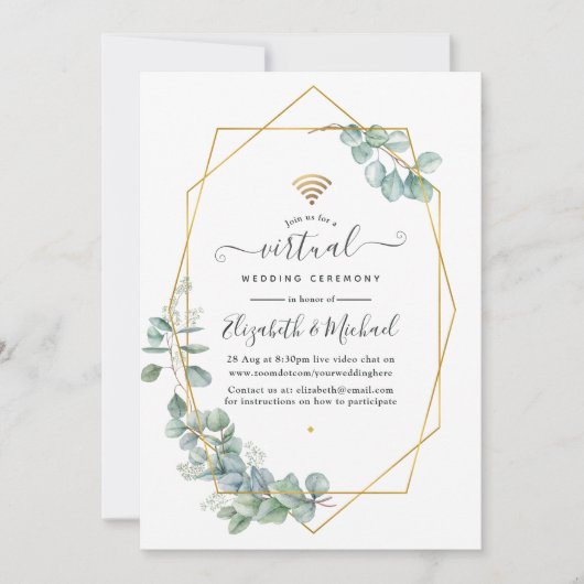 Geometrische Eukalyptus Online Virtual Wedding Einladung (Vorderseite)