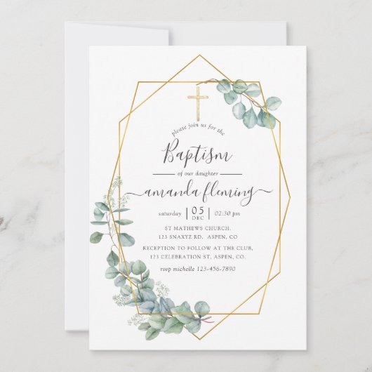 Geometrische Eukalyptus-Taufe Einladung (Vorderseite)