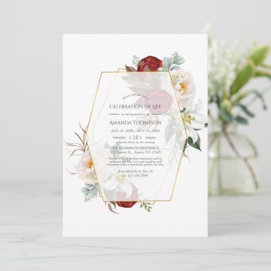 Geometrische Feier des Lebens in Rot und Weiß Einladung (Stehend Vorderseite)