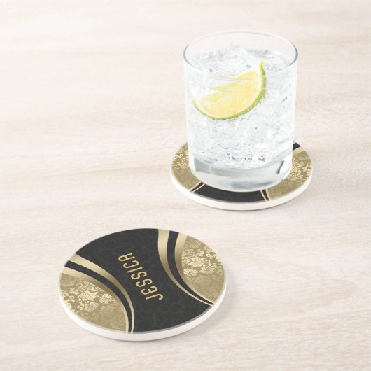 geometrische Formen aus Schwarz und Gold, monogram Getränkeuntersetzer (Seite)