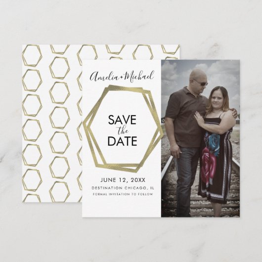 Geometrische Formen Gold Save the Date Karte (Vorne/Hinten)