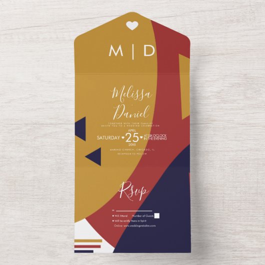 Geometrische Formen Navy Mustard Wedding All In One Einladung (Innen Boden)