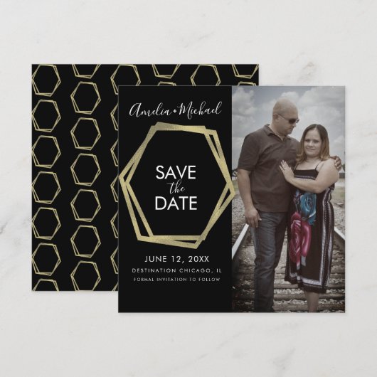 Geometrische Formen Save the Date Gold Karte (Vorne/Hinten)