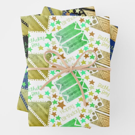 Geometrische Formen Weiß Blau Schwarz Geschenkpapier Set (Beispiel)