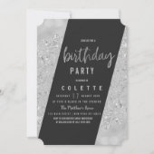 Geometrische Glasur Schwarz-Silber-Glitzer Geburts Einladung (Vorderseite)