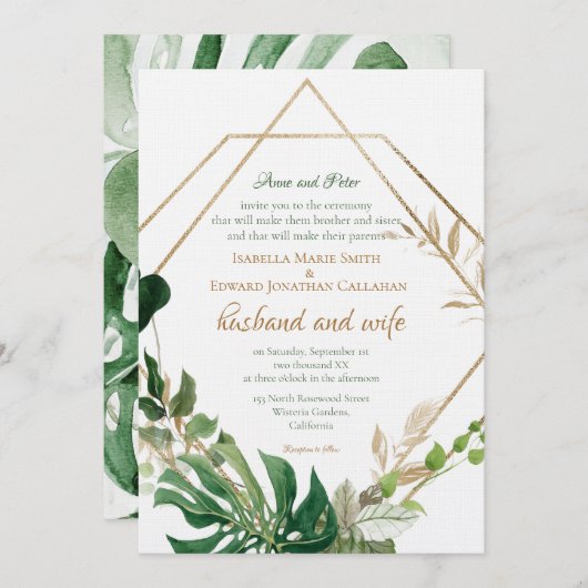 Geometrische Gold-Rahmen-tropische Green-Palm-Blät Einladung (Vorne/Hinten)